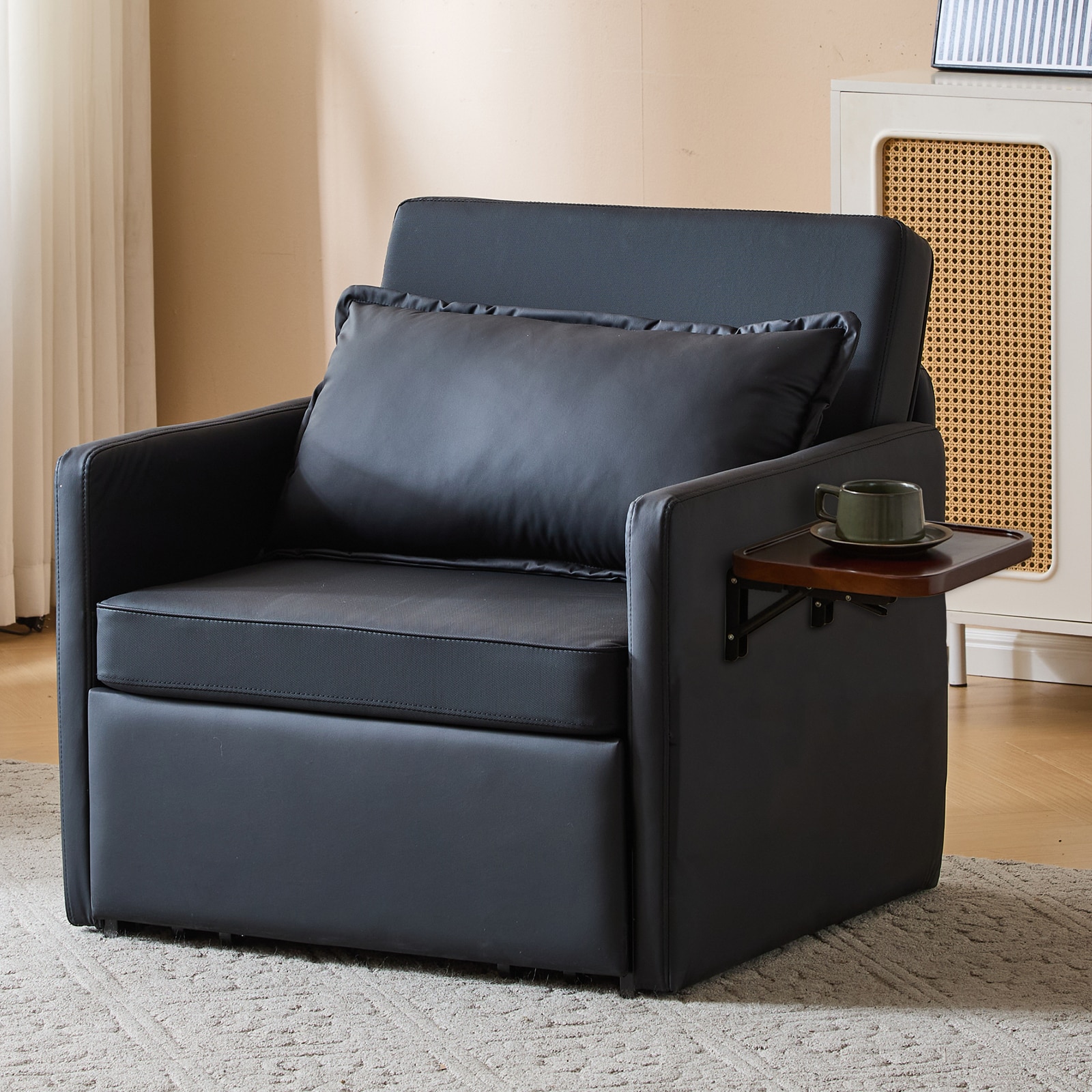 Sleeper Chair Bed, 3-in-1 Convertible Sofa Bed Pull-out Sofa Bed, Convenient Folding Tray Table With USB And Type-C Charging Ports,BLACK,Leather_voghion.com